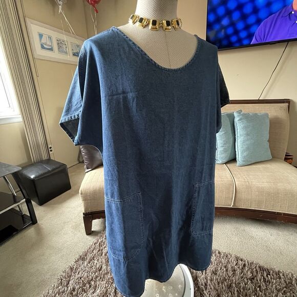 Women's XXL Denim Midi Dress Modest Country Western Short Sleeve Pockets Boho - Picture 3 of 12